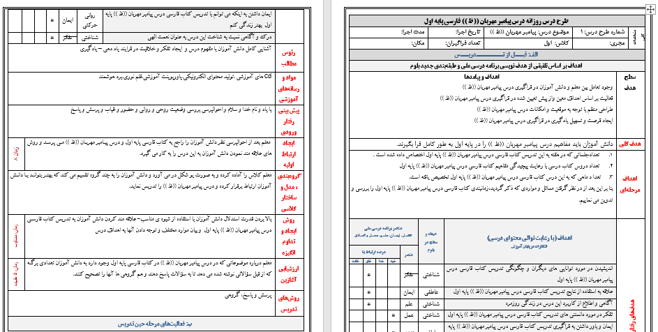دانلود طرح درس ملی روزانه فارسی پایه اول درس پیامبر مهربان